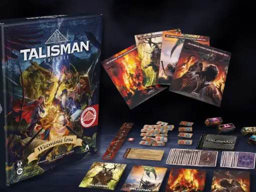 Dodatek do gry komputerowej "Talisman: Sojusze" z kartami, żetonami i pudełkiem.
