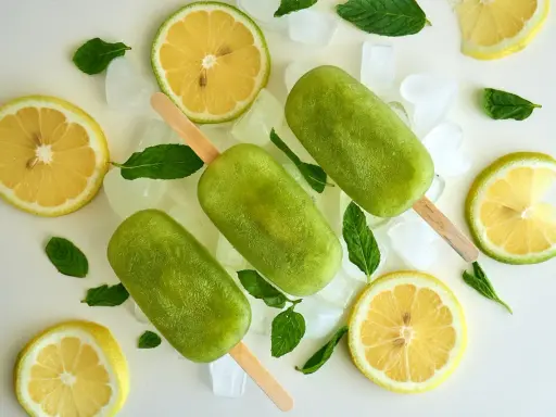 Trois bâtonnets glacés verts, comme une coupe colonel rafraîchissante, entourés de citrons, de menthe et de glaçons.