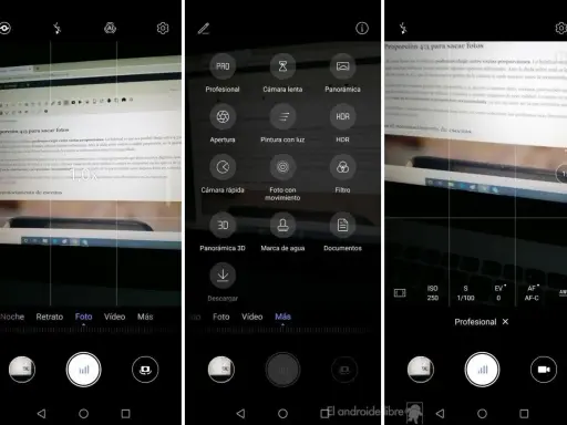 Ajustes de cámara en un teléfono: modos Pro, lenta, panorámica, HDR, apertura, filtros y más.