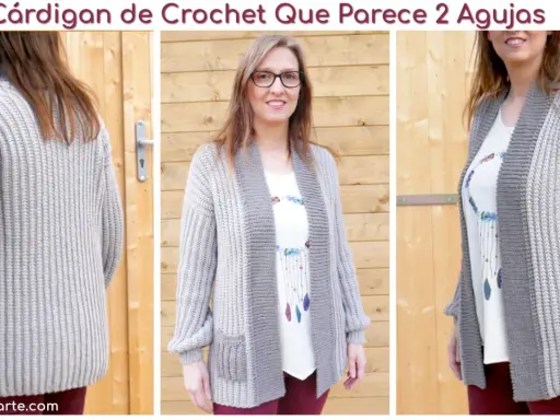 Chaqueta de crochet gris con bolsillos, fácil de hacer. Un diseño que parece tejido a dos agujas.
