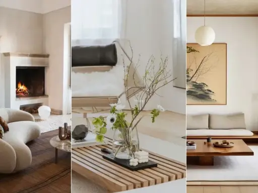 Tre olika rum som visar japansk inredningsstil: ett med öppen spis och mjuk soffa, ett med blommor i vas och en fåtölj, samt ett med tatamimatta och lågt soffbord.