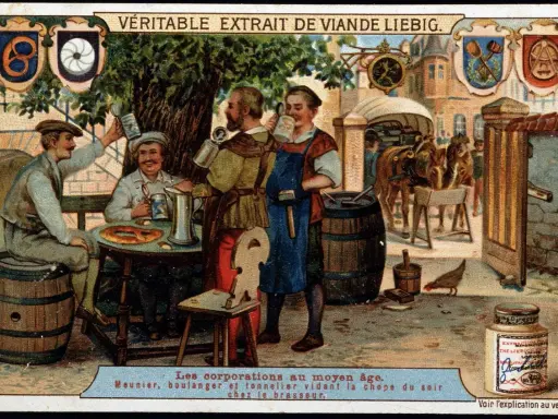 Handwerker im Mittelalter, was ist eine Zunft? Ein Brauer, Bäcker und Fassmacher trinken abends Bier.
