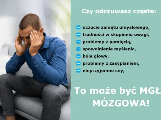 Mężczyzna z rękami na skroniach, cierpiący na mgłę mózgową, doświadcza zamętu, problemów z pamięcią i koncentracją.