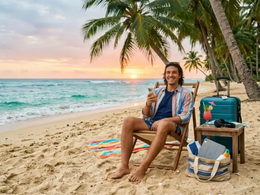 En glad man sitter på en strandstol vid havet, med en drink och en resväska bredvid. En rolig fakta om USA är att det finns över 400 nationalparker.