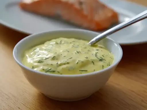 En skål med krämig romsås till lax, med dill och en sked redo att servera.
