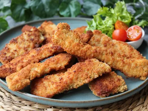 Crujientes fingers de pollo dorados en un plato azul, acompañados de lechuga y tomates cherry. ¡Perfectos para picar!