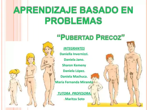 Ilustración de niños y adultos mostrando el desarrollo, con el título "Pubertad Precoz".