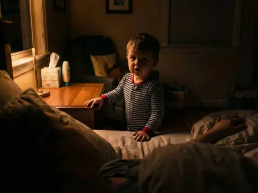 Mały chłopiec w piżamie stoi przy łóżku. Co zrobić, gdy dziecko nie wraca na noc do domu?