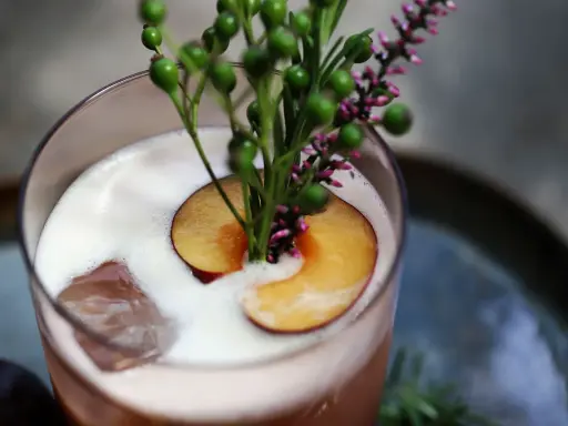 Ein erfrischender Campari Sour mit einer Scheibe Pflaume und zarten grünen Beeren, garniert mit Heidekraut.