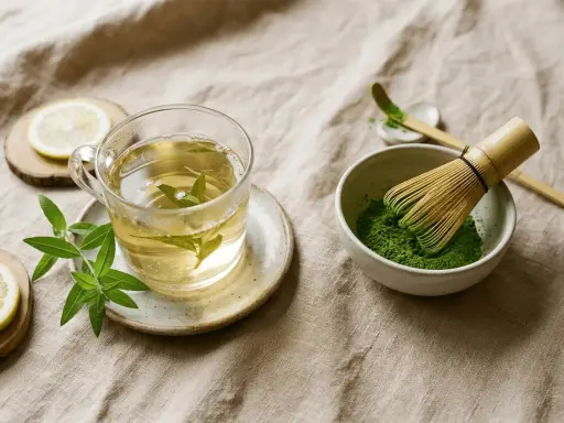 Préparation du matcha pour profiter de ses bienfaits. Thé vert, citron et herbes fraîches sur fond de lin.
