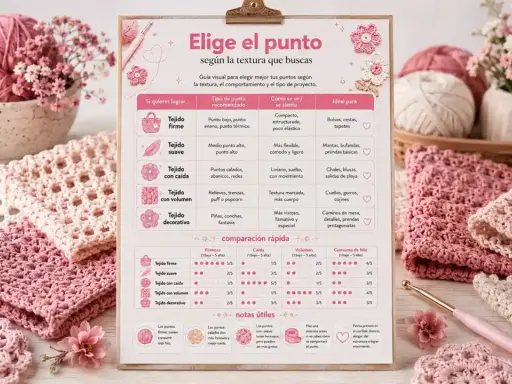 Guía visual de puntos bonitos para tejer, mostrando texturas y proyectos ideales. Incluye tabla comparativa y notas útiles.