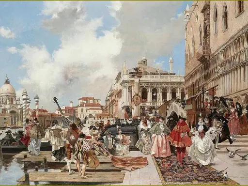 Scène de carnaval à Venise, inspirée par Théophile Gautier. Des personnages costumés déambulent sur un tapis, musique et architecture grandiose.