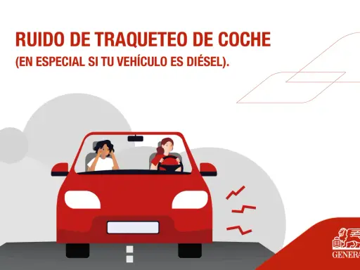 Dos mujeres en un coche rojo, una con las manos en las orejas por el ruido del motor. El texto indica "ruido coche en marcha".