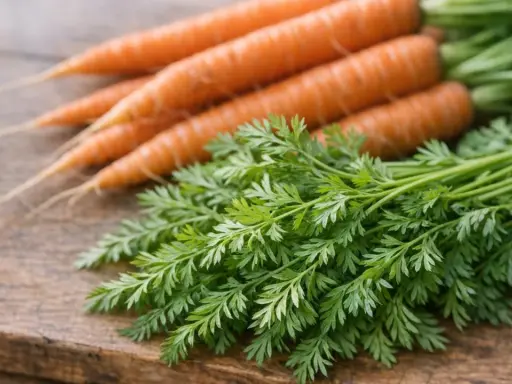 Un bouquet de fanes de carottes fraîches et vertes repose à côté de carottes orangées sur une planche en bois.