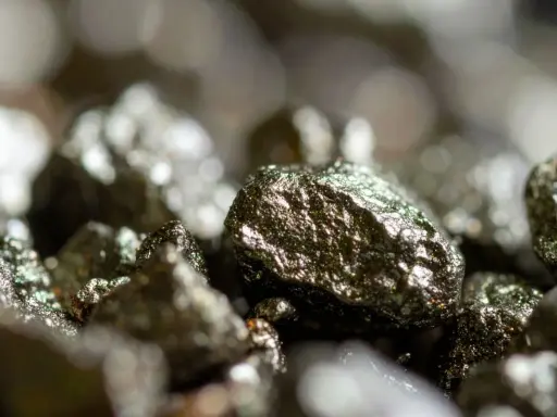 Zbliżenie na błyszczące bryłki pirytu, ukazujące jego metaliczny połysk i nierówną powierzchnię. Piryt właściwości tego minerału fascynują.