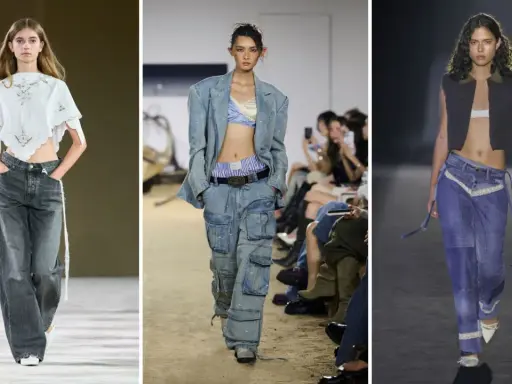 Modelle sfoggiano jeans a vita bassa: uno grigio oversize, uno cargo con giacca abbinata, e uno blu patchwork con pizzo.