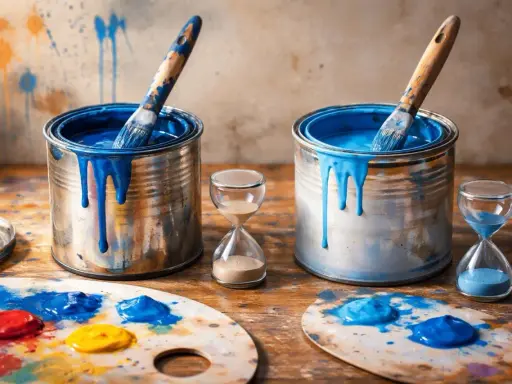 Deux boîtes de peinture bleue, des pinceaux et des sabliers suggèrent l'idée d'accélérer le séchage de la peinture glycéro.