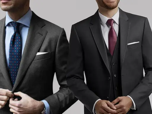 Two men showcase stylish charcoal suit combinations. One wears a patterned tie, the other a burgundy tie and vest.