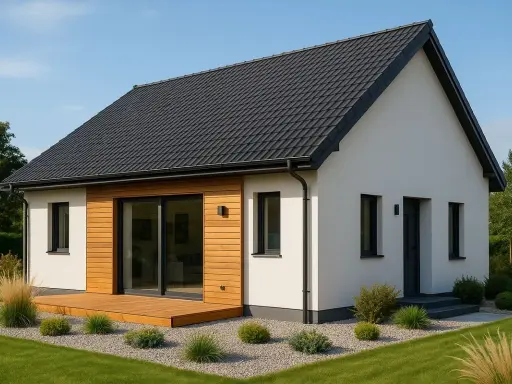 Nowoczesny projekt domu 80m2 parterowy z drewnianym tarasem i dużymi przeszkleniami.