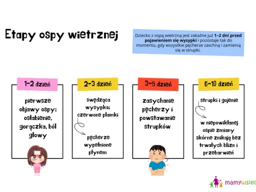 Jak wygląda ospa: od pierwszych objawów (osłabienie, gorączka) przez swędzącą wysypkę i pęcherze, aż po strupki i gojenie.
