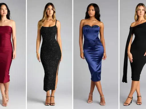 Four women in elegant dresses, showcasing a range of cocktail vs formal styles.