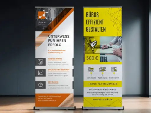 Dos roll up ejemplos publicitarios: uno naranja con "UNTERWEGS FÜR IHREN ERFOLG" y otro amarillo con "BÜROS EFFIZIENT GESTALTEN".