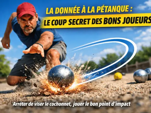 Un joueur de pétanque lance une boule qui éclabousse de terre. La donnée à la pétanque, le coup secret des bons joueurs.