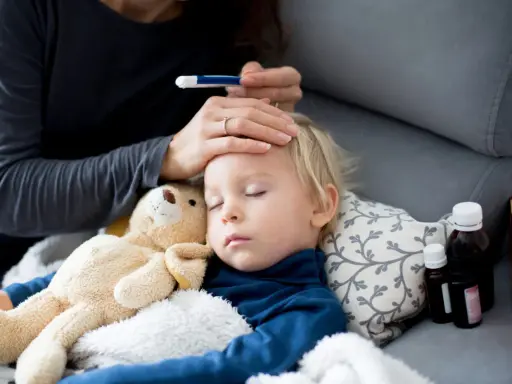 Bambino addormentato con febbre, la mamma controlla la temperatura. Vicino ci sono flaconi di antibiotico.