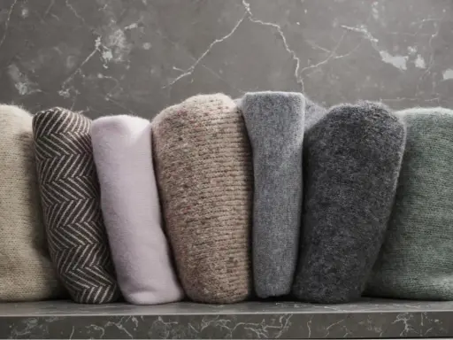 Sju rullar med mjukt ullmaterial i olika färger och mönster, från ljusbeige till grön.