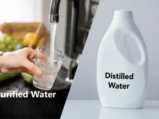 Comparaison visuelle : eau du robinet purifiée dans un verre et une bouteille d'eau distillée. Comprendre la différence eau distillée et déminéralisée.