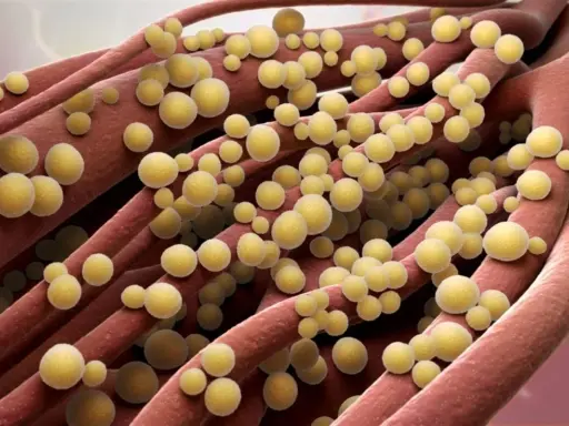 Ingrandimento di fibre rosse con batteri sferici gialli, possibile infezione naso stafilococco.