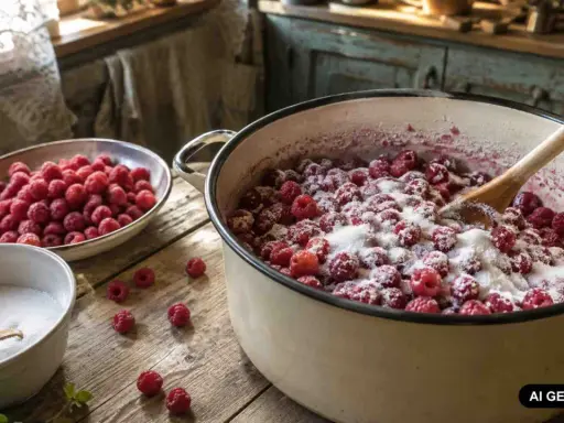 Maliny w cukrze w wielkim garnku, gotowe na pyszny sok z malin. Obok miska z owocami i cukrem.