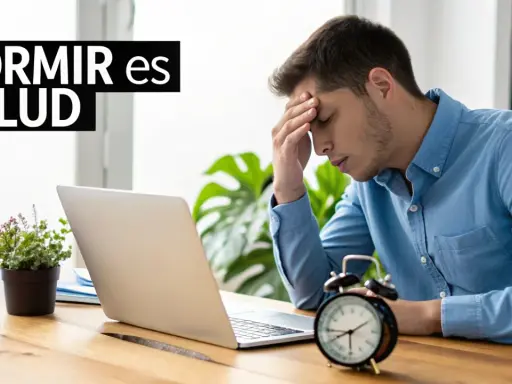 Joven con dolor de cabeza frente a su laptop, buscando trucos para dormir mejor. El reloj marca la hora.