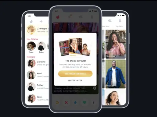 Ekran aplikacji randkowej Tinder z propozycjami "Top Picks". Zobacz, kto może być Twoim idealnym match tinder.