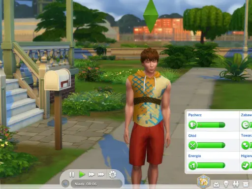 Młody Sim z pełnymi potrzebami, gotowy na życie. Może chcesz użyć sims 4 kody na potrzeby, by mu pomóc?