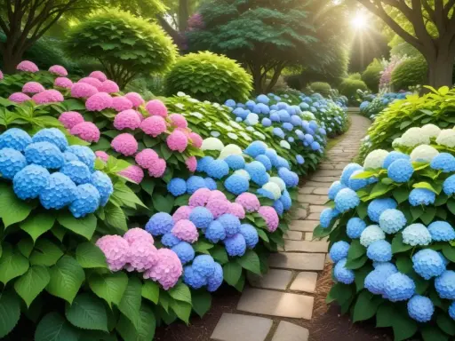 En solig trädgårdsväg kantad av rikligt blommande hortensia sorter i rosa, blått och vitt.