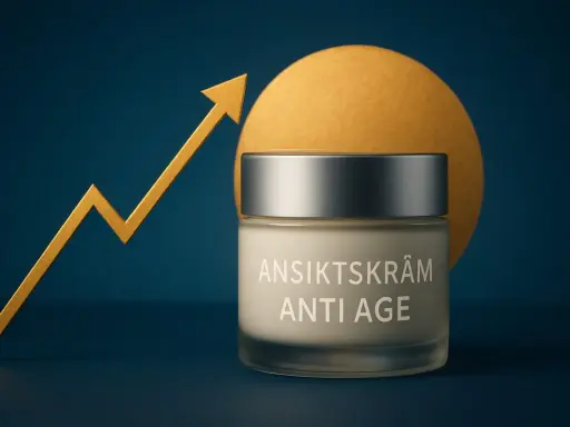 En burk ansiktskräm "Anti Age" står framför en gul cirkel. En gul pil som pekar uppåt symboliserar framgång. Krämen är icke komedogen.