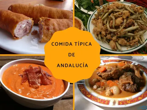 Cuatro platos de comida andaluza: croquetas, pescaíto frito, salmorejo y rabo de toro.