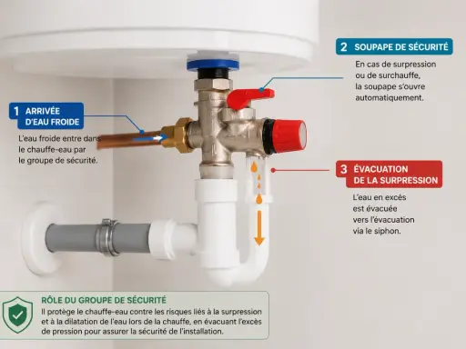 Le groupe de sécurité d'un chauffe-eau, avec sa soupape et son évacuation, assure la protection contre la surpression.