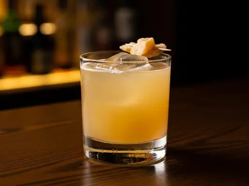 En gyllene penicillin drink med is och en garnering av ingefära på en träyta.