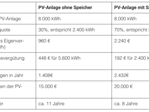 Vergleich von PV-Systemen: Anlage mit Speicher amortisiert sich in 8 Jahren, ohne Speicher in 11 Jahren.