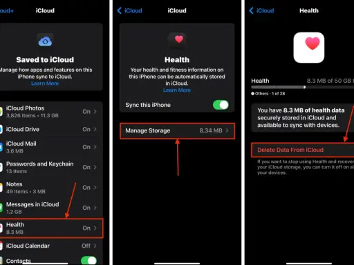 Jak usunąć aplikacje z iPhone: na ekranie "Zarządzaj pamięcią iCloud" wybierz "Zdrowie", a następnie "Usuń dane z iCloud".