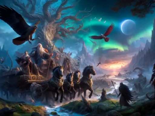 En vagn dragen av hästar, med gamla män och örnar, under norrsken. En scen som påminner om fornnordisk religion och mytologi.