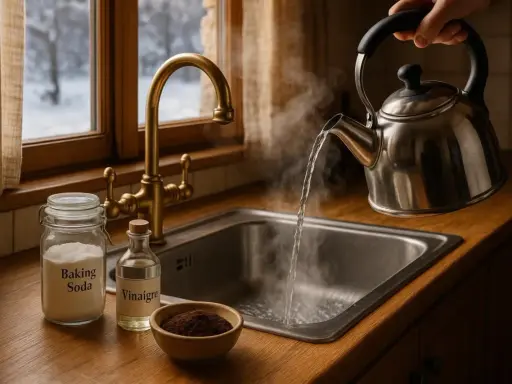 Une astuce de grand-mère pour l'odeur de canalisation : bicarbonate, vinaigre et eau bouillante versés dans l'évier.