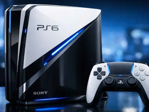 Console PlayStation 6 futuriste, blanche et noire, avec éclairage bleu vif. Manette assortie à proximité.