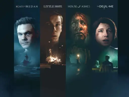Kolaż z gier: Man of Medan, Little Hope, House of Ashes, The Devil in Me. Idealne dla fanów gier podobnych do Until Dawn, pełnych napięcia i wyborów.