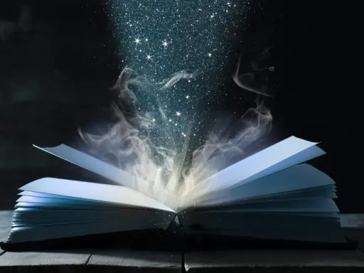 Otwarta księga, z której wydobywa się magiczny pył i dym, niczym zaklęcia z Harry'ego Pottera.