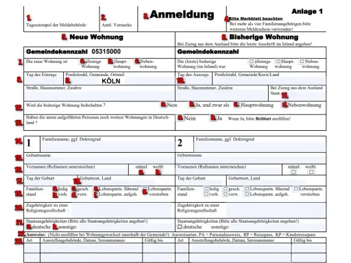 Formular zur Anmeldung einer neuen Wohnung in Köln. Osoba jest zameldowany, ale nie mieszka w tej lokalizacji.