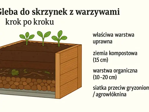 Warzywniak w skrzyniach z warstwami: ziemia kompostowa, warstwa organiczna i siatka. Idealny do uprawy warzyw.