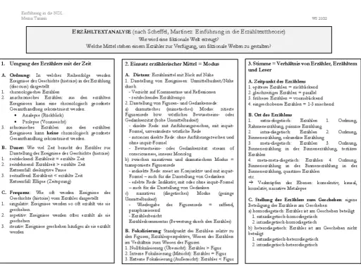 Analyse erzählerischer Techniken: Ordnung, Dauer, Frequenz, Modus, Fokalisierung, Stimme & Ort des Erzählens.